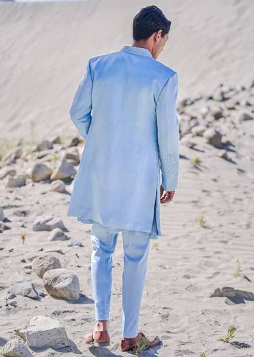 Turquoise Embroidered Linen Sherwani Suit