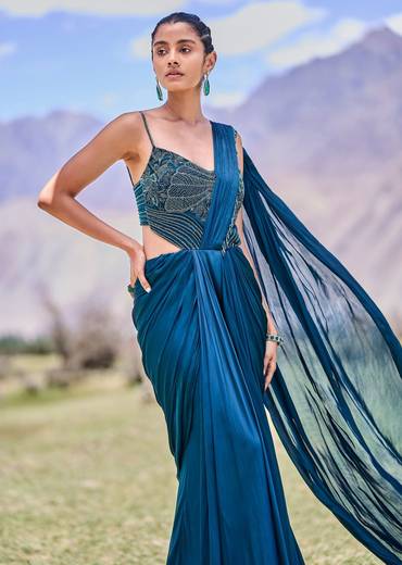 Teal Green Embroidered Drape Gown With Pleated Tassel Pallu
