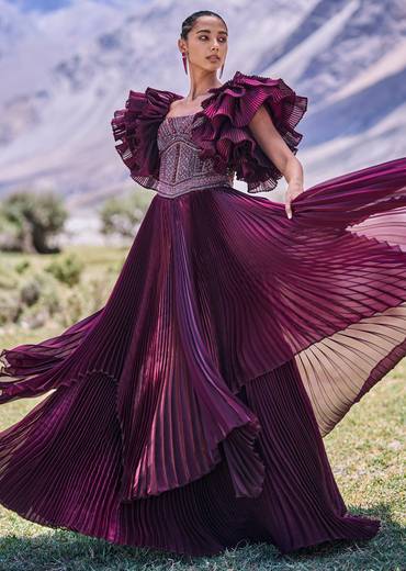 Wine Embroidered Flared Pleated Gown With Ruffle Sleeves