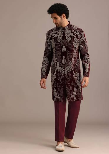 Wine Hand Embroidered Indo Western Set In Velvet