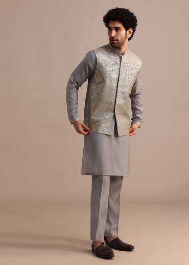 Grey Embroidered Silk Kurta Jacket Set For Men