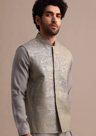 Grey Embroidered Silk Kurta Jacket Set For Men