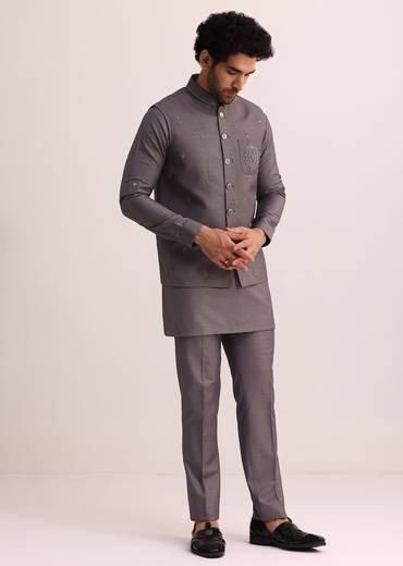 Purple Rayon Kurta Jacket With Mandarin Collar