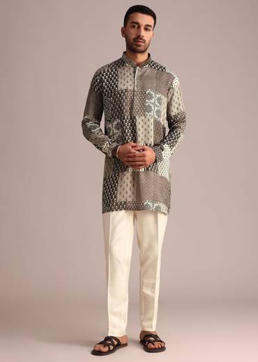 Grey Patchwork Printed Kurta With Floral And Geometric Motifs
