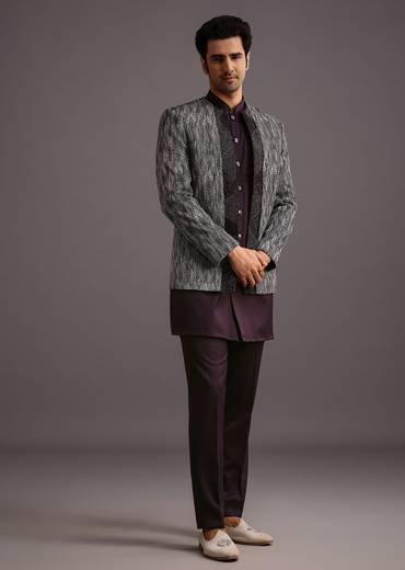 Purple Hand Work Jacket Kurta Set