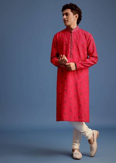 Fuchsia Pink Silk Printed Kurta Set For Men