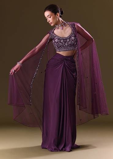 Purple Embroidered Drape Skirt With Embroidered Net Cape