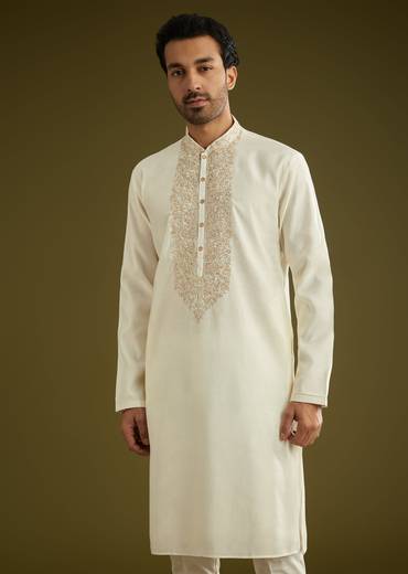 Off White Silk Kurta Set With Embroidered Yoke