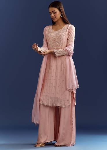 Baby Pink Moti Embroidered Work Kurta Set With Dupatta