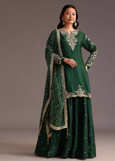 Green Zari Work Palazzo Suit With Organza Dupatta