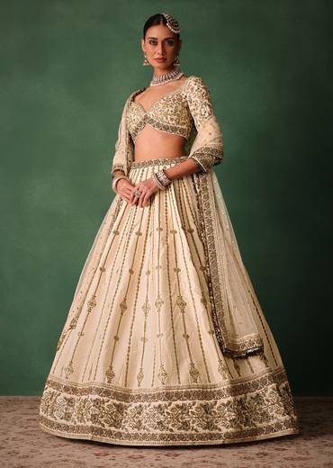 Ivory Raw Silk Hand Embroidered Lehenga Set With Net Dupatta