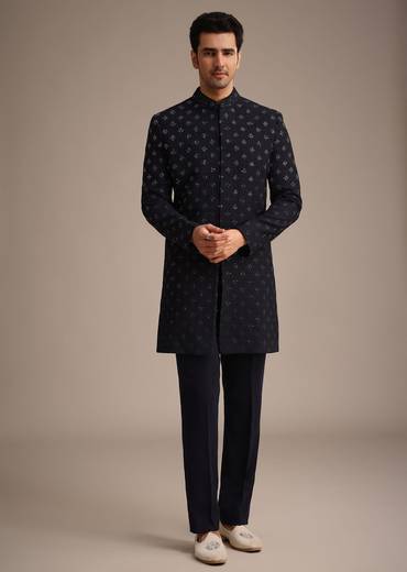 Blue Silk Indowestern Set With Cutdana Work