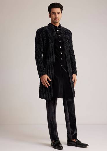 Black Velvet Indowestern Set With Cut Dana Embellishment