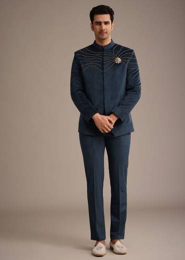 Navy Blue Suede Embroidered Jodhpuri Set With Poth Work