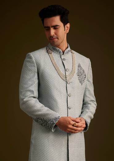 Grey Embroidered Sherwani Set