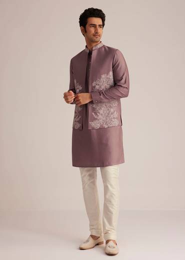 Mauve Kurta Pant Set With Embroidered Nehru Jacket