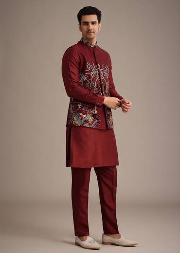 Red Jacket And Kurta Set In Silk With Resham Work