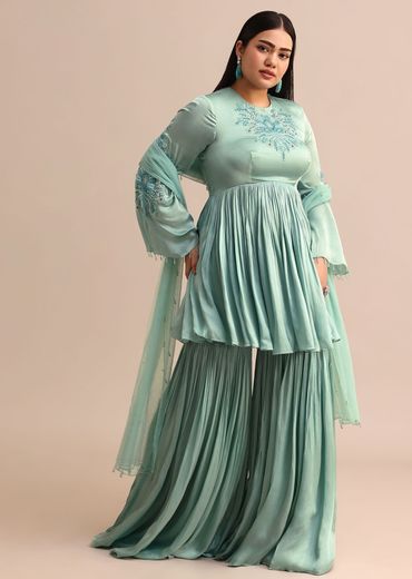 Powder Blue Embroidered Kurta Sharara With Dupatta