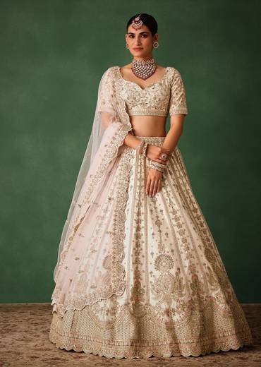 White Embroidered Lehenga Set In Raw Silk