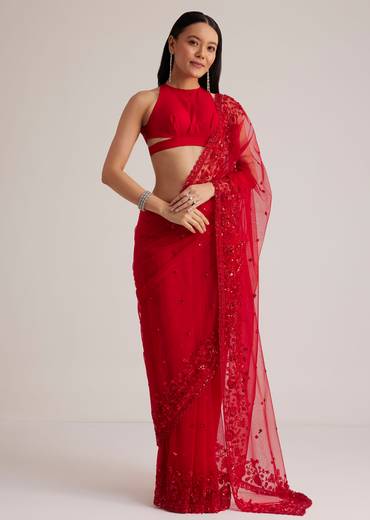 Red Net Saree With Sequins And Stones Embroidery