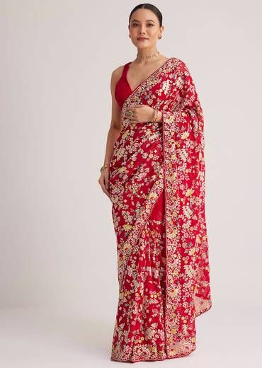 Red Georgette Parsi Gara Saree With Multicolor Thread Embroidery