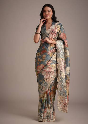 Grey Tissue Muslin Digital Printed Saree With Pitta Work On Border