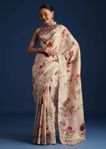 Off White Tissue Muslin Printed Saree With Pitta Work
