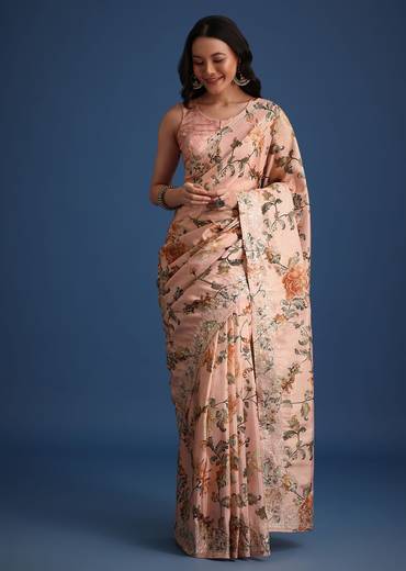 Peach Tissue Muslin Digital Print Saree With Pitta Work Border