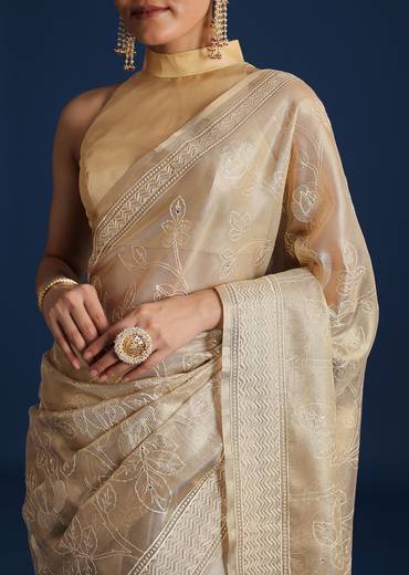 Gold Tissue Silk Woven Saree with Floral Resham Thread Work