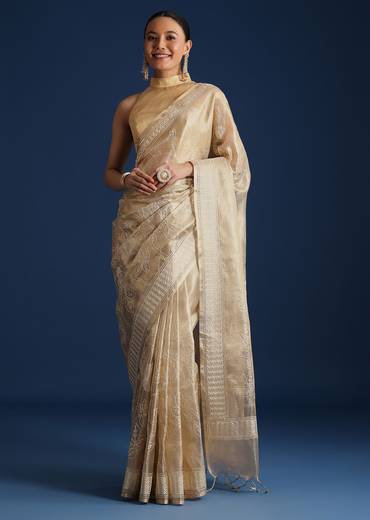 Gold Tissue Silk Woven Saree with Floral Resham Thread Work