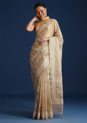 Gold Tissue Silk Woven Saree with Floral Resham Thread Work