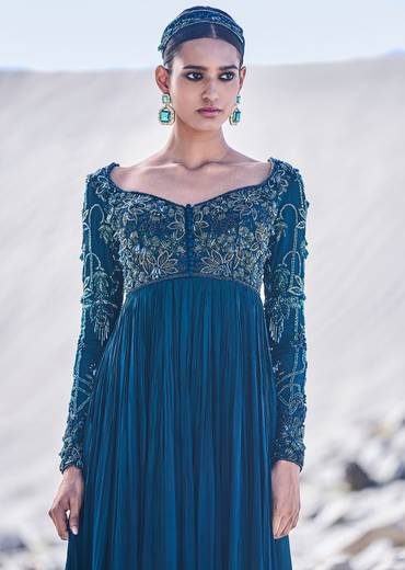 Green Embroidered Crepe Gown With Choker Dupatta