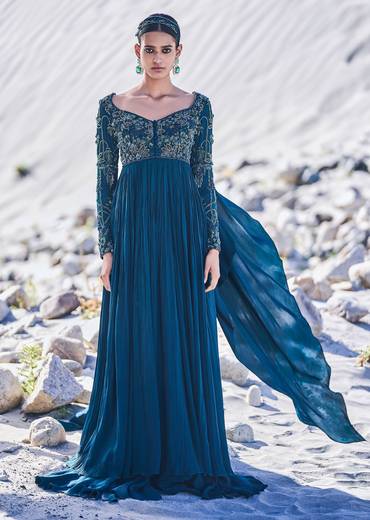 Green Embroidered Crepe Gown With Choker Dupatta