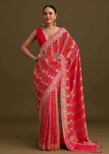 Pink Khaddi Georgette Saree With Gotta Patti Border And Unstitched Blouse