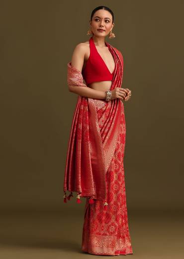 Red Khaddi Georgette Zari Weave Saree With Unstitched Blouse