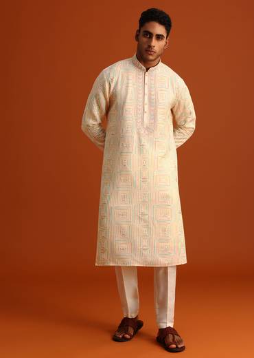 Yellow Silk Kurta Pant Set With Hand Work on Yoke