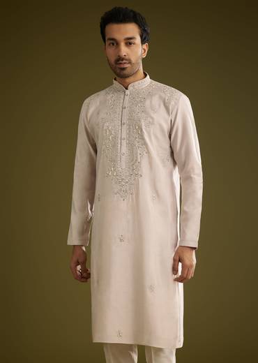 Grey Silk Kurta Set With Mirror And Thread Work