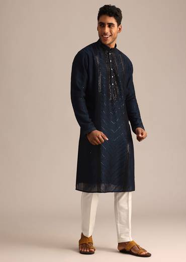 Navy Blue Sequin Work Silk Kurta Set