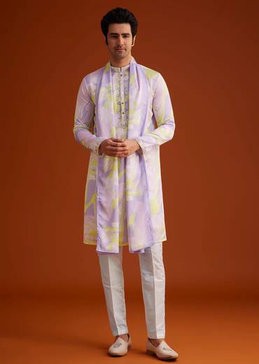 Multicolour Marble Printed Silk Kurta Set
