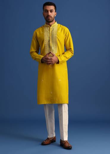 Yellow Silk Kurta Set With Mirror Embroidery