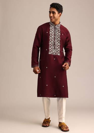Wine Silk Kurta Set With Hand Embroidered Floral Motifs