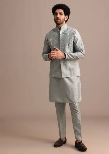 Grey Cotton Silk Kurta Jacket Set With Resham And Mirror Work