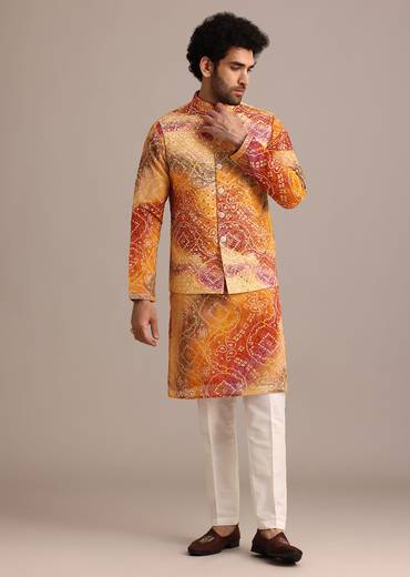 Orange Tie Dye Jacket Kurta And Jacket Set With Mirror Work