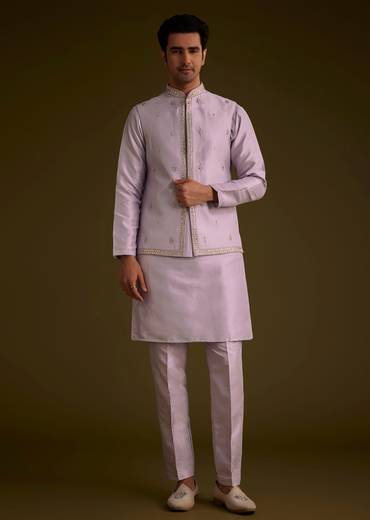 Light Lilac Cotton Silk Jacket Set With Floral Sequin Butti Embroidery