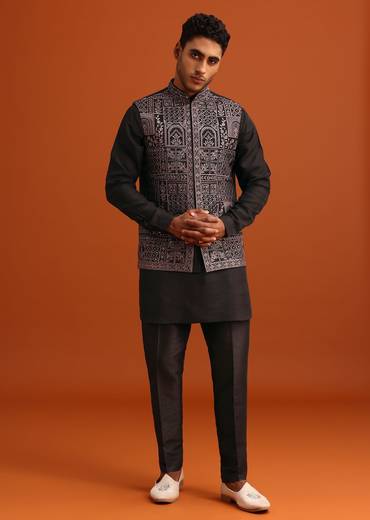Black Mirror Embellished Jacket And Kurta Set