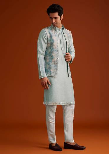 Grey Kurta Pant Set With Mirror Work Nehru Jacket