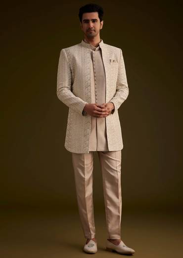 Brown Silk Open Style Sherwani Set With Resham Thread Work