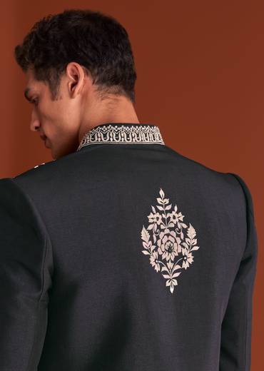 Black Cotton Silk Sherwani Suit With Floral Embroidery