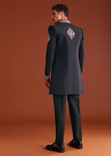 Black Cotton Silk Sherwani Suit With Floral Embroidery