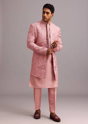 Onion Pink Thread Embroidered Dola Silk Sherwani Set